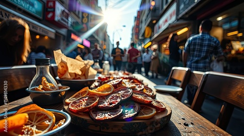 A candid street photography image of a rustic-themed party table with slices of dried fruit that showcases vivid colors, urban settings, impromptu moments, and colorful lens flares