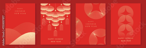 Chinese New Year 2025 greeting card background vector. Collection of Chinese festival with lantern, coin, line and dot texture. Elegant oriental illustration for cover, poster, envelope, calendar.