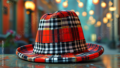 Stylish red and black checkered newsboy cap on table, surrounded by soft lighting and blurred background. perfect accessory for fashionable look