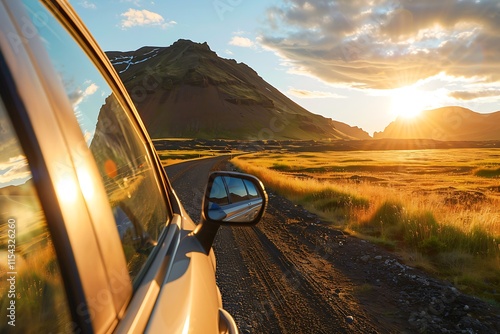 Wing mirror of car reflecting mountain at sunset