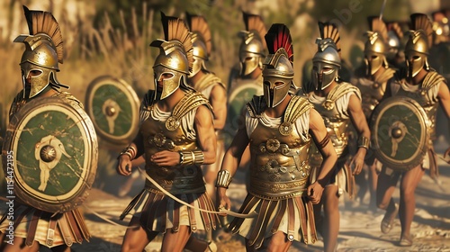 Significance of the Athenian Hoplites within the Greek civilization depicted with realistic scenes of their armor phalanx formations and the defense of Athenian democracy in battles like Marathon