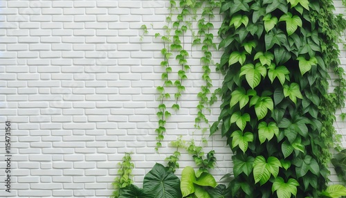 White Brick Wall With Vibrant Green Climbing Plant Background