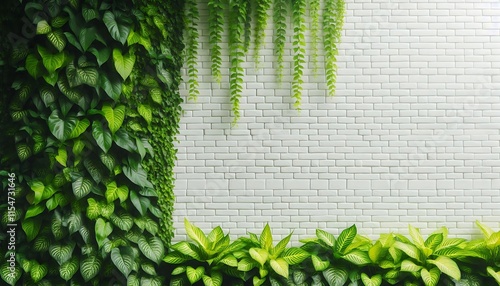 White Brick Wall With Vibrant Green Climbing Plant Background 