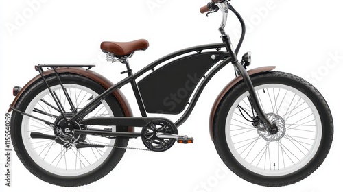 Black electric cruiser bike with brown leather seat and whitewall tires.