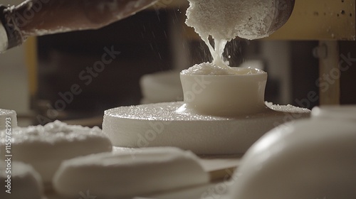 detailed close-up of animal fat being melted and poured into molds. The smooth texture of the fat contrasts with the raw materials, highlighting the transformation process in food and manufacturing. 