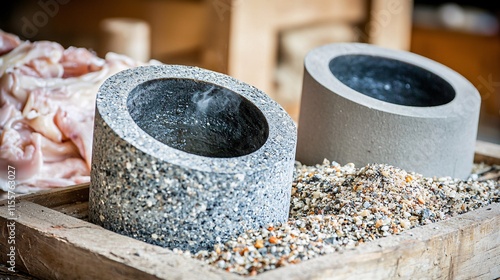 detailed close-up of animal fat being melted and poured into molds. The smooth texture of the fat contrasts with the raw materials, highlighting the transformation process in food and manufacturing. 