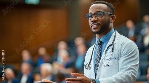 Doctor presenting research findings at a medical conference in a modern auditorium setting