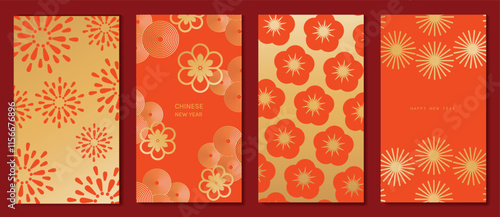 Chinese New Year 2025 hongbao red envelope design vector. Collection of Chinese festival with flower, firework, pattern. Elegant oriental illustration for angpao, cover, website, calendar, ads.