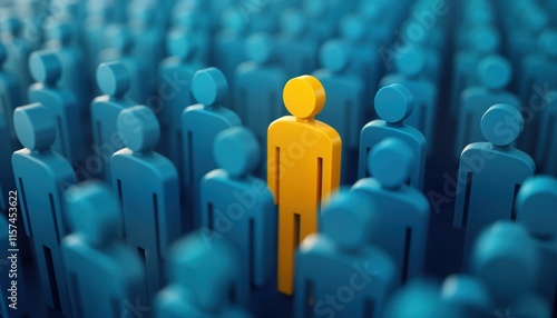 Yellow figure stands out among crowd of blue figures. Finding exceptional talent. Image represents concept of finding perfect candidate in HR. Concept of uniqueness, selectivity in recruitment.