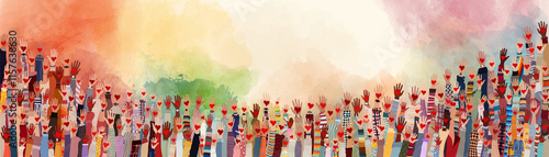 Group of people with raised hands holding a red heart on a watercolor background