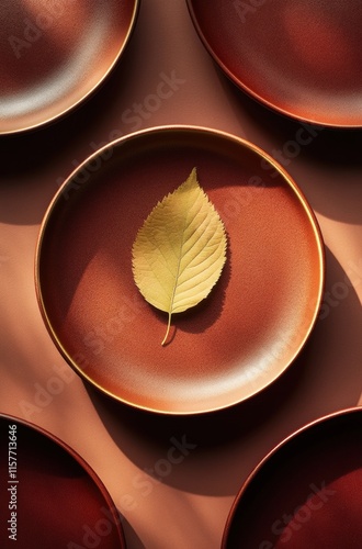 A leaf is placed on a plate, surrounded by other plates