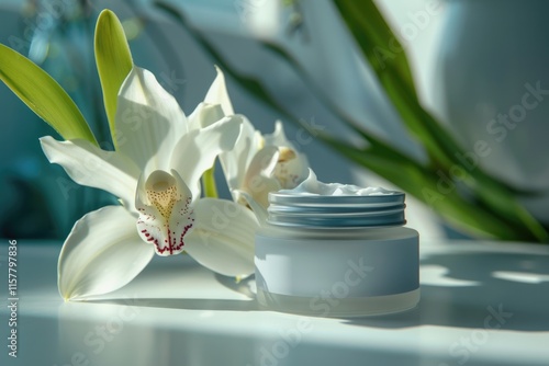 White Cymbidium orchid flower and jar of moisturizing face cream for spa treatment.