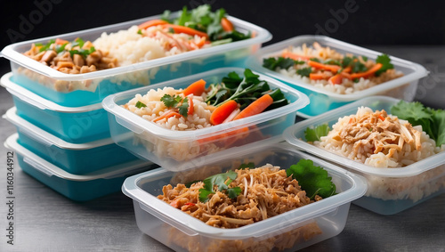 An Appealing Display of Modern Thai Food Lunch Boxes in Plastic, Showcasing Culinary Art and Convenience