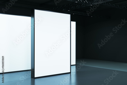 Bright vertical blank screens in dark exhibition hall with modern design concept and clean illuminated panels. 3D Rendering