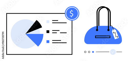 Pie chart with financial data analysis next to a handbag with a price tag. Ideal for retail, fashion, sales strategy, marketing, e-commerce, financial planning. Line metaphor