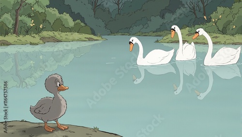 Lonely gray duckling gazes at reflection elegant white swans glide gracefully in background