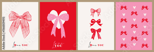 Creative concept of Happy Valentines Day cards set. Modern abstract art design with hearts, bows and modern typography. Templates for celebration, ads, branding, banner, cover, label, poster, sales