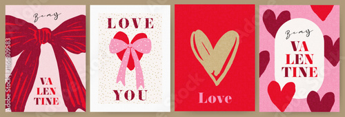 Creative concept of Happy Valentines Day cards set. Modern abstract art design with hearts, bows and modern typography. Templates for celebration, ads, branding, banner, cover, label, poster, sales