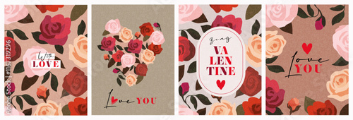 Creative concept of Happy Valentines Day cards set. Modern art design with roses, hearts and modern typography. Templates for celebration, ads, branding, banner, cover, label, poster in trendy brown