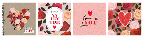 Creative concept of Happy Valentines Day cards set. Modern art design with roses, hearts and modern typography. Templates for celebration, ads, branding, banner, cover, label, poster in trendy brown