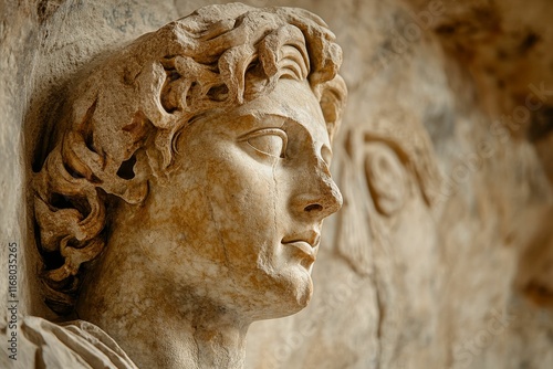 Close-up ancient stone head, classical style, weathered detail.