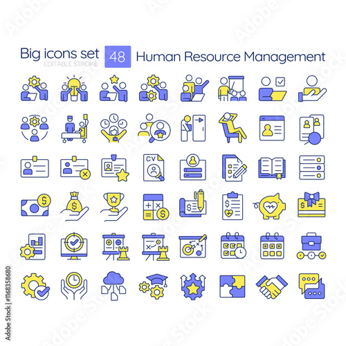 Human resource management RGB color icons set. Hiring staff for business development. Talents recruitment. Isolated vector illustrations. Simple filled line drawings collection. Editable stroke