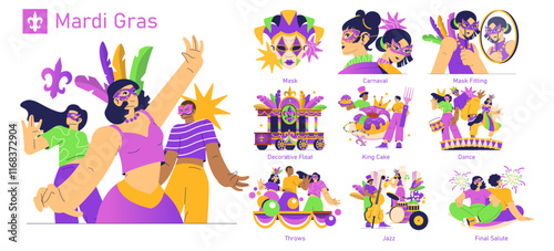 A vibrant and lively illustration of a Mardi Gras celebration full of artistic elements and colors