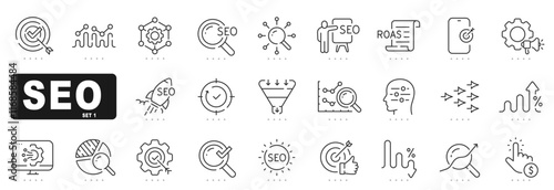 Set of seo related line icons. Search, marketing, research, optimize etc. Editable stroke.