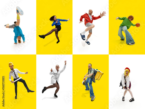 Creative collage of people of various age and gender, representing different lifestyle and professions against white and yellow background. Child, doctor, builder, elderly man and delivery person