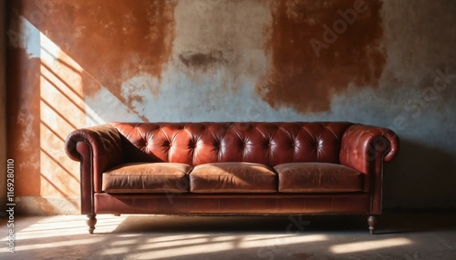 A brown leather chesterfield sofa sits in a sunlit room against a textured wall. Warm light enhances the leather's rich tone.