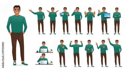 Young business man wearing casual green sweater. Different poses set. Various gestures male character standing and sitting at the desk isolated vector illustration