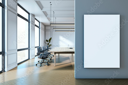 Modern boardroom interior with large blank canvas for signage or presentation display on wall, natural light through windows. 3D Rendering