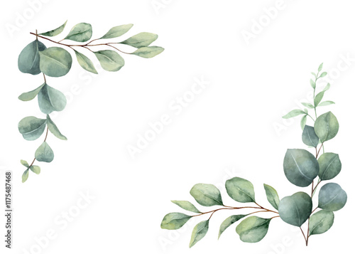 Watercolor vector corner border frame with green eucalyptus leaves and branches. Greenery clipart for wedding invitation, greeting cards, save the date, stationery design. Hand drawn illustration.