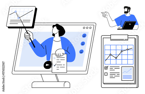 Computer screen displaying a figure presenting data, another figure managing a clipboard with charts, and a third figure working remotely on a laptop. Ideal for business presentations, online