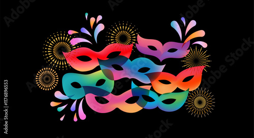 Carnival banner with colorful masks and fireworks. Modern vector background