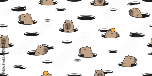 capybara seamless pattern hole orange fruit vector pet doodle cartoon south america animal tile background gift wrapping paper repeat wallpaper illustration scarf isolated design