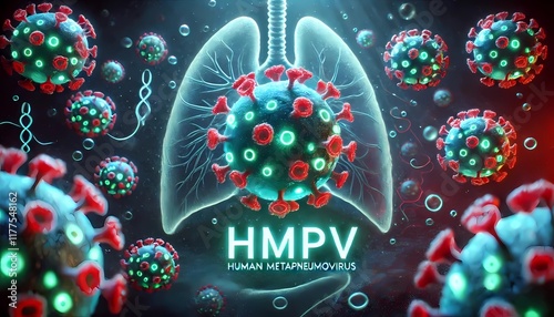 Human metapneumovirus HMPV, with blueprint of lungs and virus in the background. a respiratory virus causing flu-like symptoms such as coughs and fevers. 