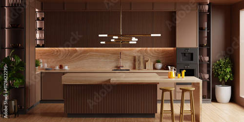 kitchen room interior in brown mocha mousse 2025 color with modern decoration - 3D rendering