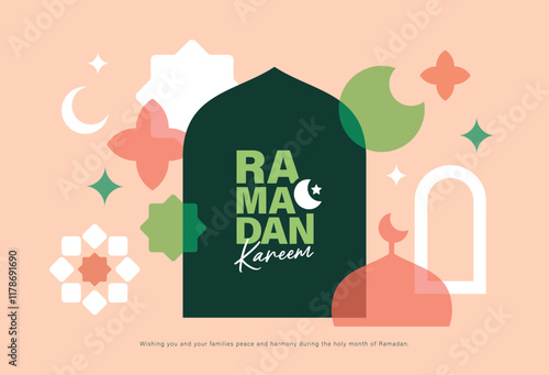 Ramadan Kareem banner, poster, greeting card, cover design with mosque, crescent moon, stars and typography in flat geometric style.