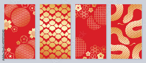 Chinese New Year 2025 hongbao red envelope design vector. Collection of Chinese festival with flower, snake, wave, pattern. Elegant oriental illustration for angpao, cover, website, calendar, ads.