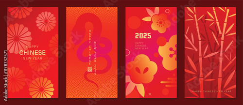 Chinese New Year 2025 hongbao red envelope design vector. Collection of Chinese festival with flower, snake, bamboo, pattern. Elegant oriental illustration for angpao, cover, website, calendar, ads.