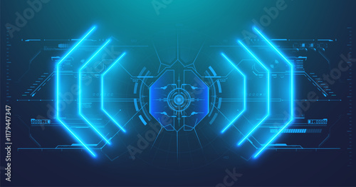 Futuristic glowing HUD interface with neon bars, circular shapes, and digital data elements on a dark background. Perfect for sci-fi, gaming, or advanced tech designs. Vector illustration