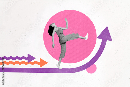 Creative sketch collage of excited girl step arrow direction pointer success development concept career promotion chance