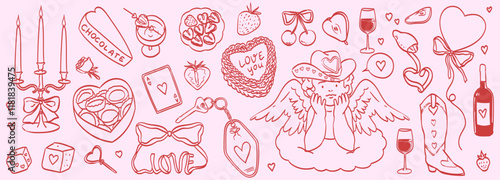 Cute elements decorated with coquette bows, ribbons and hearts. Cupid in cowboy hat, cherry, hearts, wine and cake. Elegant vintage angel on cloud. Hand drawn line art vector illustrations for wedding